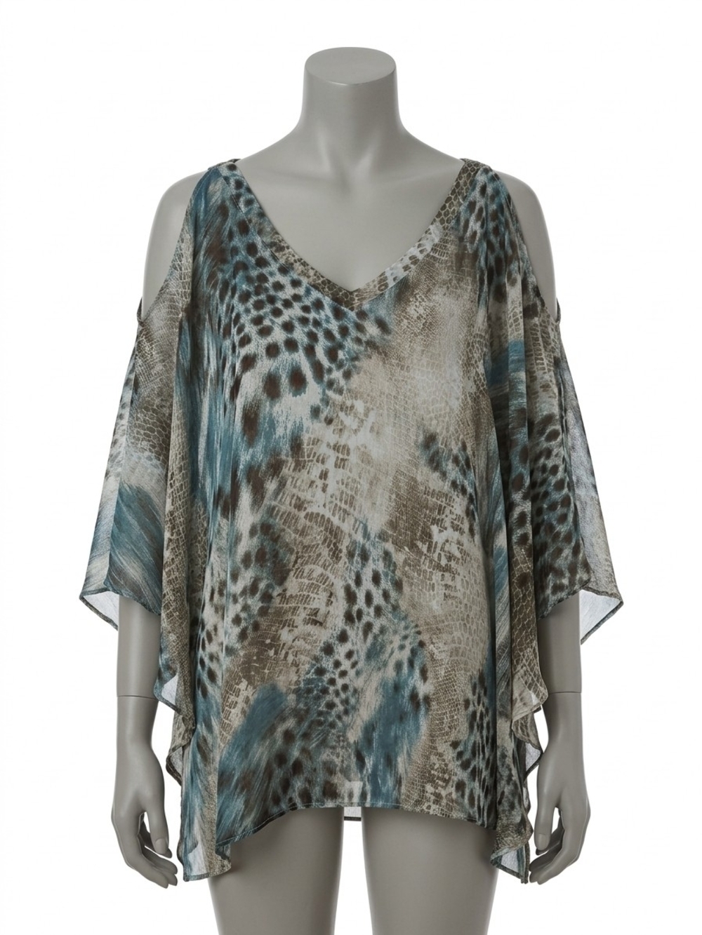 Three Dots Teal and Taupe Cold-Shoulder V-Neck Tunic